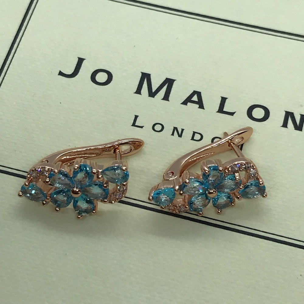 Gold Plated Blue Cubic Zircon Flower Earrings - Picture 3 of 5